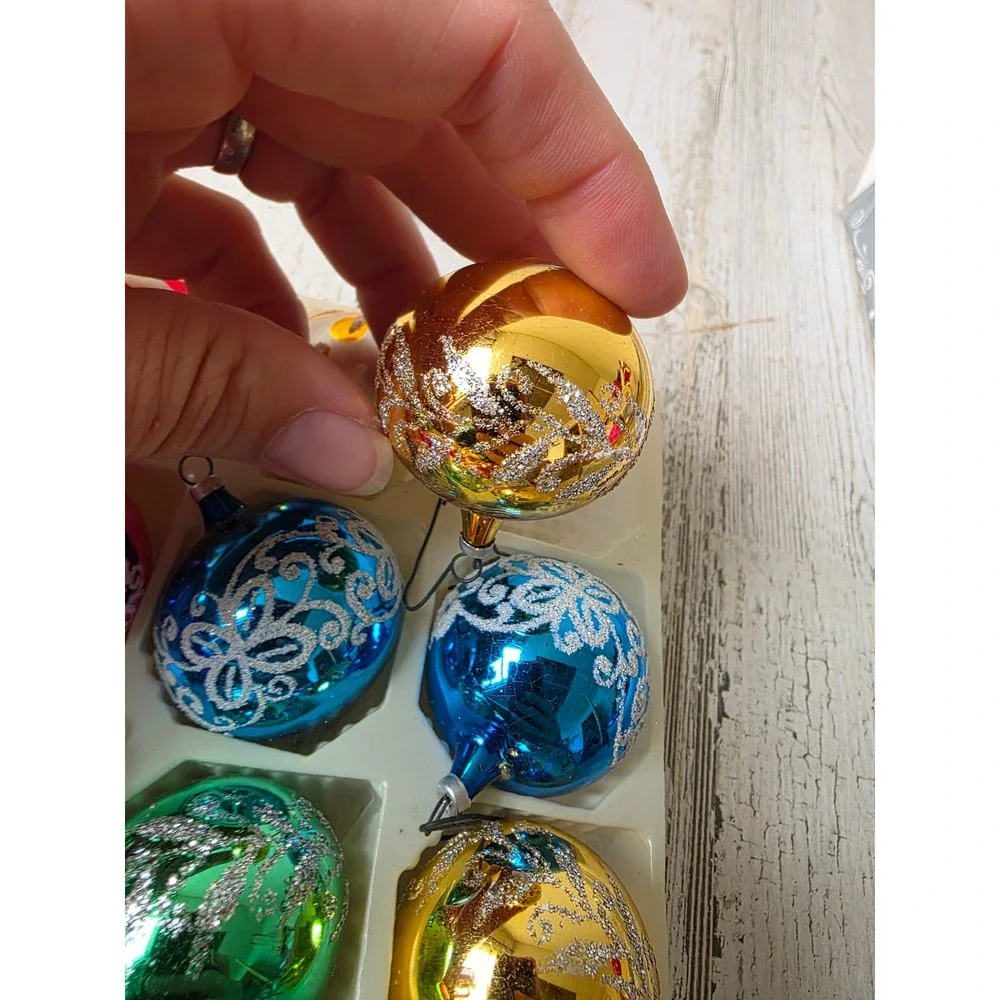 Vintage Columbia mini Mica glitter ball ornament set pink blue green red gold